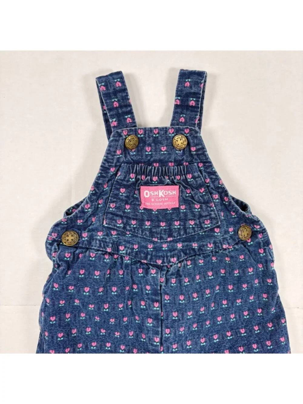Vintage Oshkosh Baby Girl Tulip Floral Denim Bubble Overalls Romper 6m - 9m